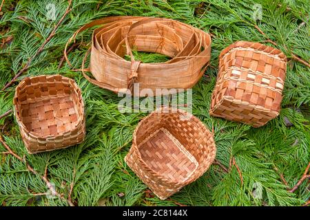 Rotolo di arrendevole Western Red Cedar corteccia interna e tre handmade Western Red Cedar canestri intrecciati da strisce di corteccia interna, giacente su Western Red Cedar b Foto Stock