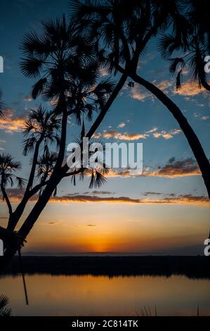 Tramonto sulla naturale oasi termale calda al Doho Safari Lodge nella regione Afar dell'Etiopia. Foto Stock