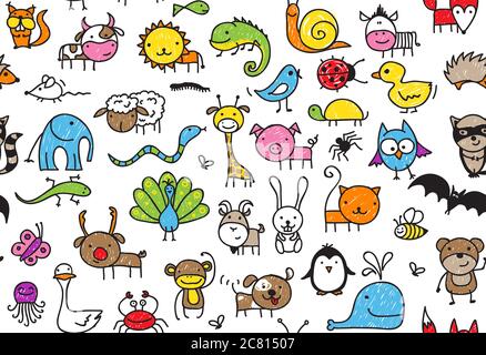 Modello senza giunture di doodle animali, bambini lo stile di disegno Foto Stock