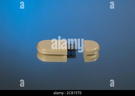 bastoni usb con cappuccio aperto in bambù e boscaiolo. Sfondo speculare. Sfondo blu Foto Stock
