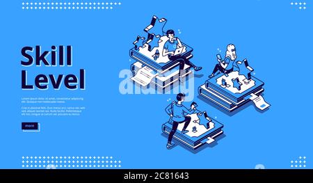 Pagina di destinazione isometrica del livello di specialità. Concetto di educazione professionale e conoscenza con minuscoli personaggi seduti su enormi mucchi di libri utilizzando gadget per la lettura e lo studio. banner vettoriale 3d line art Illustrazione Vettoriale