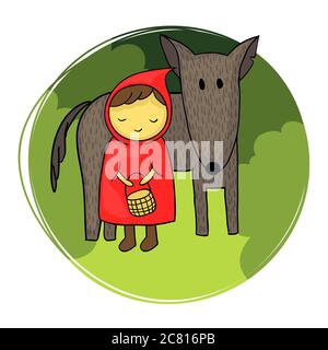 Carino e ingenuo illustrazione di Cappuccetto Rosso e il lupo cattivo. Foto Stock