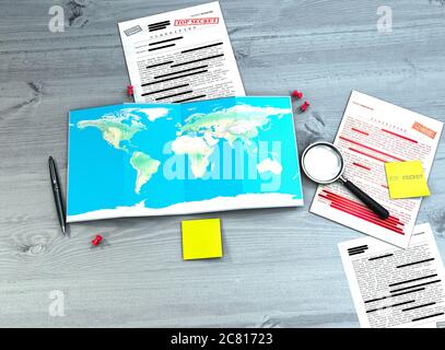 Documento top secret, decreted, informazioni riservate, testo segreto. Informazioni classificate. Segreto di stato. Ricerca e studio di documenti segreti. Foto Stock