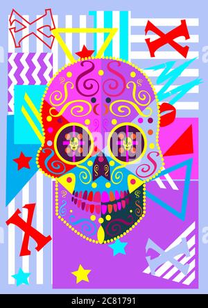 Icona cranio ornamento colore rosa e blu, sullo sfondo geometrico Foto Stock