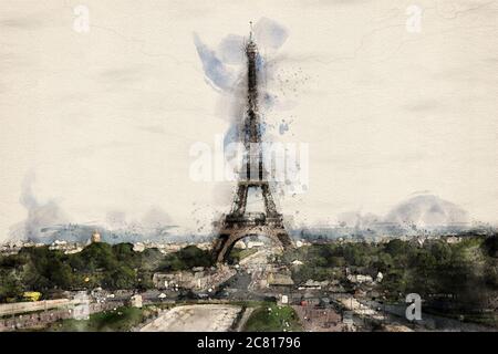 Dipinto a olio sulla Torre Eiffel: coppia a Parigi, arte romantica con alberi in fiore - Italia