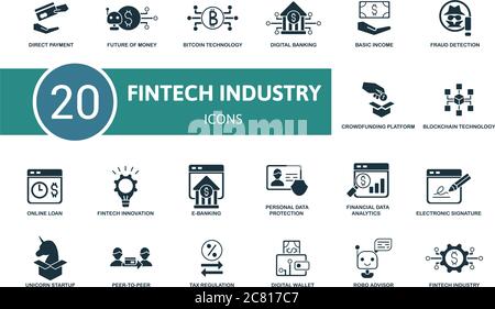 Set di icone FinTech Industry. La collezione contiene robo Advisor, peer-to-peer, innovazione fintech, portafoglio digitale e icone. Elementi del settore FinTech Illustrazione Vettoriale