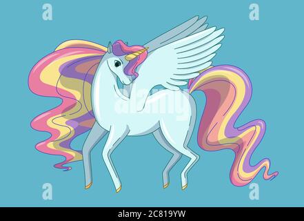 Grazioso unicorno alato con manie ondulate e coda colorata come un arcobaleno. Illustrazione vettoriale in stile carino cartone animato Illustrazione Vettoriale