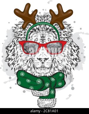 Leone nel costume di Capodanno. Leo con corna in sciarpa e occhiali da sole. Illustrazione vettoriale per una scheda o un poster. Natale e Capodanno. Illustrazione Vettoriale
