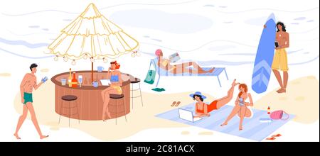 La gente turista che surfing internet riposa sulla spiaggia Illustrazione Vettoriale
