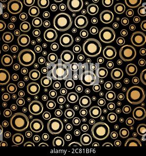 Oro nero foglio cerchi senza cuciture vettore modello sfondo. Moderno ed elegante sfondo metallico a punti. Elegante bolla di champagne su tutta la stampa per il lusso Illustrazione Vettoriale