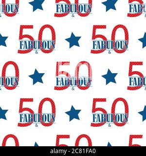 Cinquanta e favoloso sfondo di pattern vettoriali senza giunture di testo. Blu rosso bianco tipografia di stile moderno sullo sfondo con stelle. Design in stile americana per Illustrazione Vettoriale