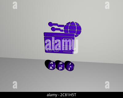 Illustrazione 3D di grafica api e testo realizzato con lettere a dadi metallici per i significati correlati del concetto e delle presentazioni. Icona e applicazione Foto Stock