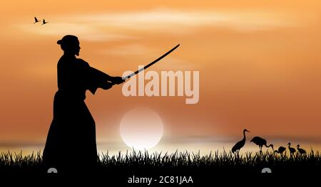 Samurai si leva con una spada in mano sullo sfondo di un tramonto soleggiato. Paesaggio giapponese. Illustrazione Vettoriale