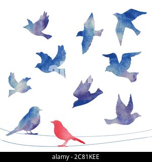 Set di silhouette per uccelli: Volare, sederti. Illustrazione Vettoriale