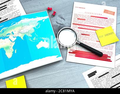 Documento top secret, decreted, informazioni riservate, testo segreto. Informazioni classificate. Segreto di stato. Ricerca e studio di documenti segreti. Foto Stock