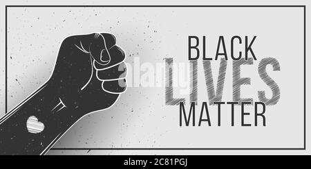 Banner per Black Lives, la protesta è importante negli Stati Uniti. Fermare la violenza ai neri. Simbolo del pugno brutale disegnato a mano con tatuaggio cardiaco su sfondo bianco. Gr Illustrazione Vettoriale