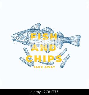 Fish and chips Abstract Vector Sign, Symbol or Logo Template (simbolo o modello di logo). Pesce e patate di merluzzo disegnati a mano con tipografia moderna. Vettore di qualità superiore Illustrazione Vettoriale