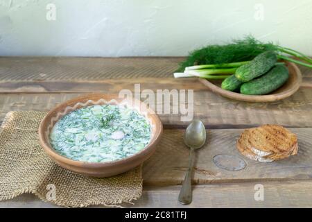 Okroshka, un piatto tradizionale di cucina russa. Zuppa fredda in ceramica su un tavolo di legno con ingredienti. Stile rustico. Foto Stock