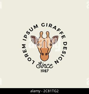 Linea stile Giraffe faccia con retro tipografia. Segno vettoriale astratto, simbolo o modello di logo. Silhouette cartoon. Illustrazione Vettoriale