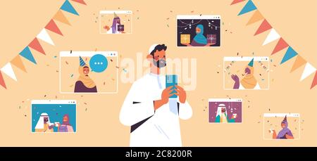uomo arabo che celebra il compleanno on-line festa durante l'incontro virtuale con amici arabici in web browser windows celebrazione self isolamento concetto orizzontale vettore illustrazione Illustrazione Vettoriale