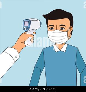 Controllo della temperatura corporea. Medico che tiene in mano un termometro senza contatto. Controllo della temperatura corporea. Prevenzione del coronavirus. 2019 ncov Illustrazione Vettoriale