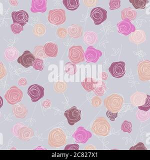 Motivo floreale senza cuciture. Rose astratte disegnate a mano su sfondo grigio. Romantico disegno fiori di schizzo. Composizione tessile, stampa a mano. Illustrazione Vettoriale