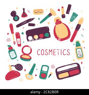 Collezione professionale di kit per il trucco e il salone di bellezza. Sfondo di schizzi di bellezza. Illustrazione di cosmetic e di modo. Doodle piatto disegnato a mano Illustrazione Vettoriale