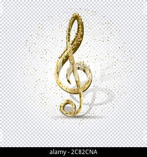 Gold Treble Clef. Lussuoso luccicante stellare casualmente cadente su sfondo trasparente. Tretolo dorato disegnato a mano. Sfondo musicale festivo. Ve Illustrazione Vettoriale