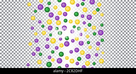Perline di colore giallo, verde, viola su sfondo trasparente. Festa di Mardi Gras. Festa di carnevale veneziana mardi gras. Ideale per pos. Orizzontale Illustrazione Vettoriale