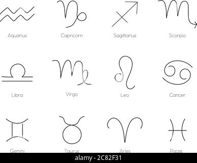 Icone minimaliste dei segni dello zodiaco, rappresentazione vettoriale della costellazione dell'Oroscopo. Segni di stella per l'oroscopo astrologico. Isolato. Linea zodiacale minima stilizzata Illustrazione Vettoriale