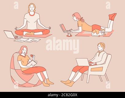 Lavoro e relax a casa vettore cartoni animati illustrazione di contorno. Persone felici in abiti comodi che lavorano a distanza, meditando, leggendo libri. Mantenere l'equilibrio di lavoro e vita, trascorrere il tempo a casa concetto. Illustrazione Vettoriale