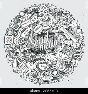 Cartoon carino doodles disegnati a mano illustrazione dei social media. Illustrazione Vettoriale