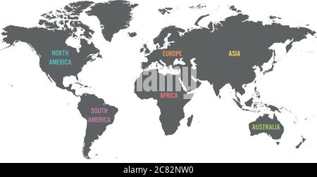 Mappa mondiale divisa in sei continenti. Semplice illustrazione vettoriale piatta. Illustrazione Vettoriale