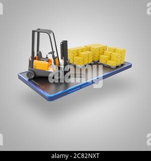 Carrello elevatore a forche e scatola di cartone su pallet impostati sullo schermo dello smartphone. Carico in magazzino per preparare la consegna mediante trasporto a destinazione. Con Foto Stock