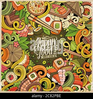 Cartoon Doodles disegnati a mano cornice cibo Giappone Illustrazione Vettoriale