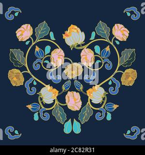 Set di illustrazioni floreali in stile barocco vettoriale reale, design vintage con fiori storici disegnati a mano su sfondo blu scuro. Natura sfondo. Disegno di ripetizione di superficie. Illustrazione Vettoriale