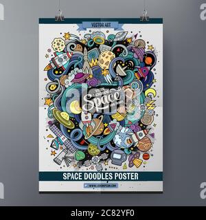 Cartoon carino doodles poster spazio disegnato a mano Illustrazione Vettoriale