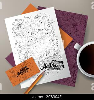 Cartoon carino vettore doodles Halloween corporate Identity set. Illustrazione Vettoriale