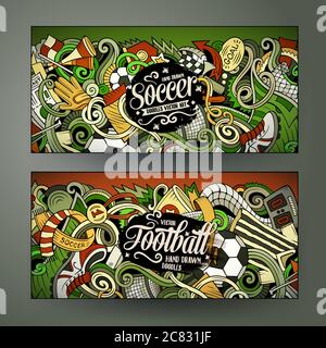 Cartoon carino vettore colorato doodles disegnati a mano banner verticali di calcio Illustrazione Vettoriale