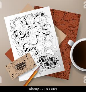 Cartoon carino vettore doodles russo alimentare corporate Identity set Illustrazione Vettoriale