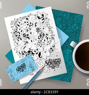 Cartoon carino vettore mano doodles Drawn Scienza corporate Identity Set Illustrazione Vettoriale