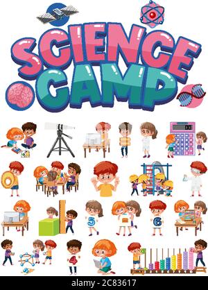 Logo del campo di scienza e set di bambini con oggetti didattici illustrazione isolata Illustrazione Vettoriale