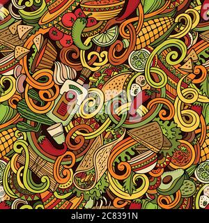 Cartone animato cibo messicano doodles modello senza soluzione di continuità Illustrazione Vettoriale
