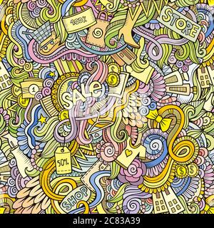 Cartoon vettore doodles mano disegnata vendita shopping modello senza giunture Illustrazione Vettoriale