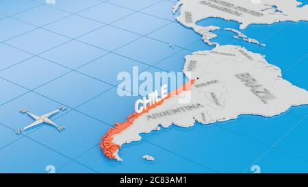 Mappa 3D semplificata del Sud America, con il Cile evidenziato. Rendering 3D digitale. Foto Stock