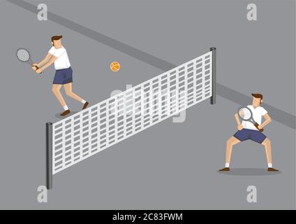 Cartoon vettoriale illustrazione di due giocatori di tennis maschile che giocano una partita utilizzando la palla da tennis arancione in un campo da tennis grigio con rete bassa attraverso il centro. Illustrazione Vettoriale