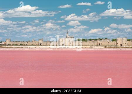 Primo piano della vasta distesa rosa di saline di fronte alle mura fortificate di Aigues Mortes, sotto un cielo estivo blu con nuvole soffici Foto Stock