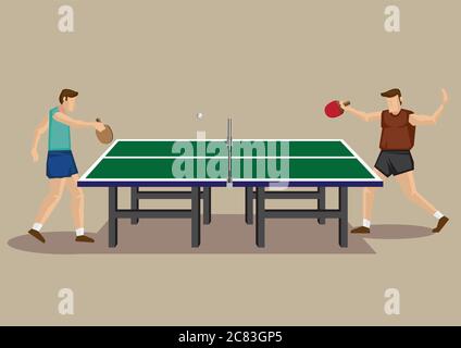 Due giocatori di ping pong e tavolo da ping pong. Illustrazione vettoriale del gioco da ping pong maschile singoli in vista laterale isolato su pla Illustrazione Vettoriale