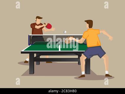 Due giocatori che giocano a ping pong con ping pong e ping pong. Illustrazione vettoriale del gioco da ping-pong visto da un'estremità del tavolo Illustrazione Vettoriale