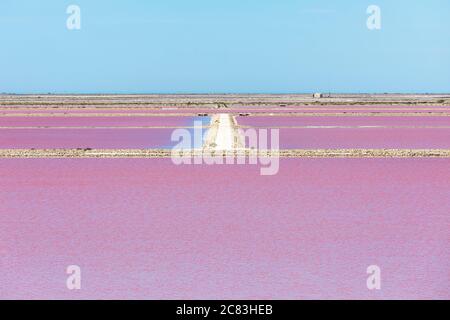 Vista simmetrica di una colorata salina rosa a Giraud, Francia meridionale, contro un cielo estivo blu Foto Stock